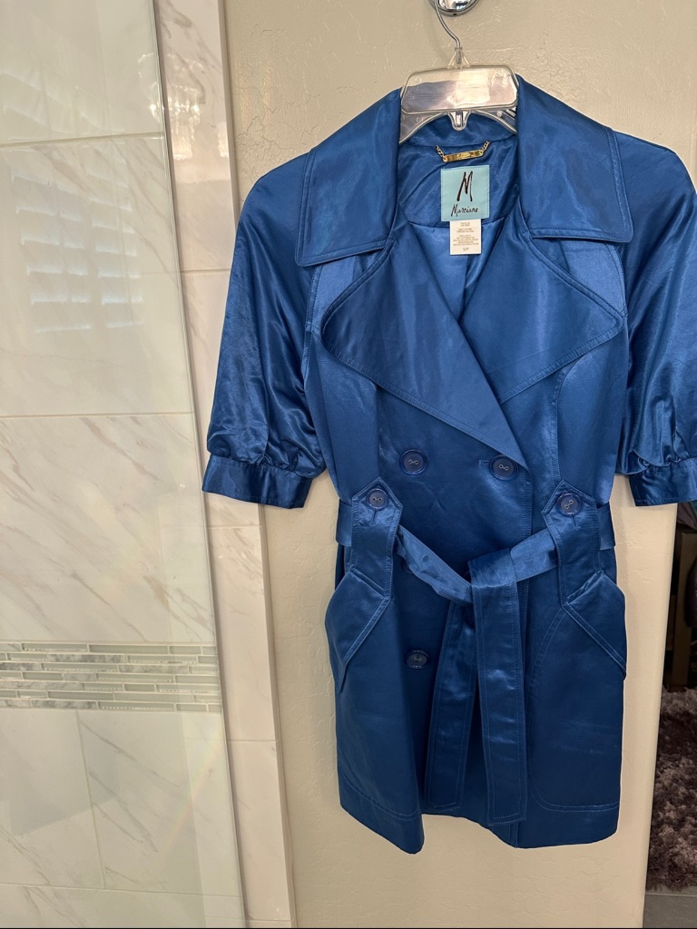 Marciano Satin Navy Blue Short Sleeve Trench Coat with Belt